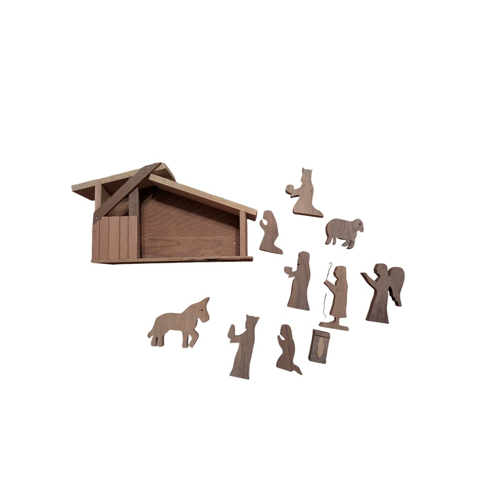 Handmade Wooden Nativity Set 12 Piece Rustic Christmas Creche Minimalist Figures